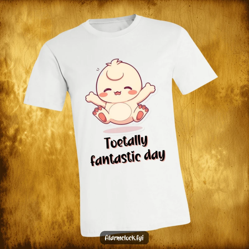 Funny T-shirt featuring a character energetically wiggling its toes, conveying unrestrained joy and happiness. Great funny gift.