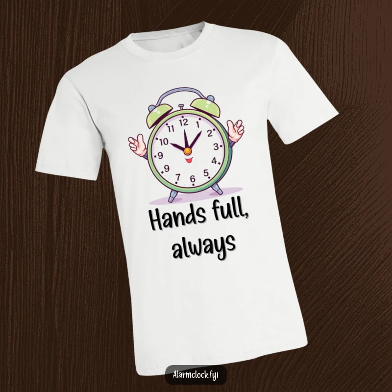 Funny T-Shirt: a round alarm clock attempting to juggle its own hands, representing busy schedules and a humorous approach to time.