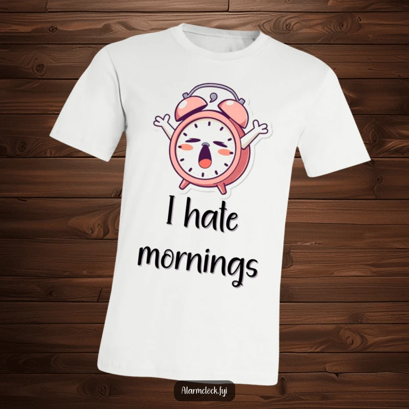 Funny T-Shirt: A lazy alarm clock character yawning wide and stretching its arms, expressing extreme sleepiness.
