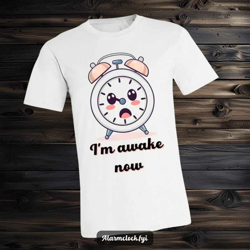 Funny t-shirt showing an alarm clock character ringing loudly with a surprised expression, highlighting morning shock humor.