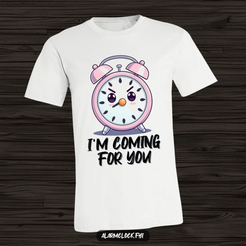 Funny t-shirt showcasing a determined alarm clock character with a loud, insistent ring, perfect for motivational mornings.