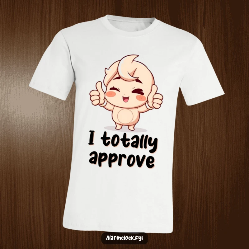 Funny Winking Character T-Shirt showing a cheerful character giving a double thumbs up to the morning, great humorous apparel gift.