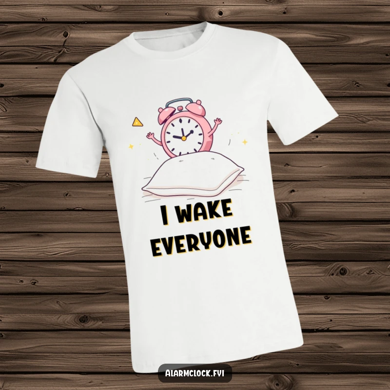 Funny t-shirt depicting a frantic alarm clock jumping on a bed to wake up a dozing pillow, a whimsical and energetic graphic.