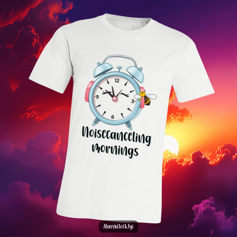 Funny T-Shirt: a sleepy alarm clock in earmuffs ignoring a buzzing bee, conveying a message of peace and humor.