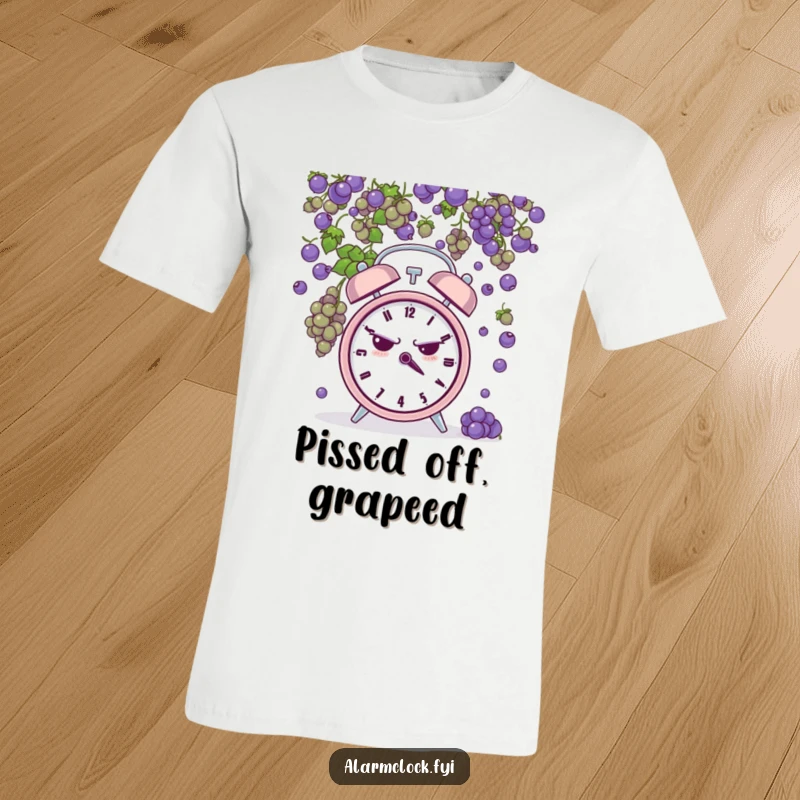 Funny T-Shirt: a grumpy alarm clock being hit by tiny grapes, symbolizing annoyance and a humorous depiction of a bad mood.