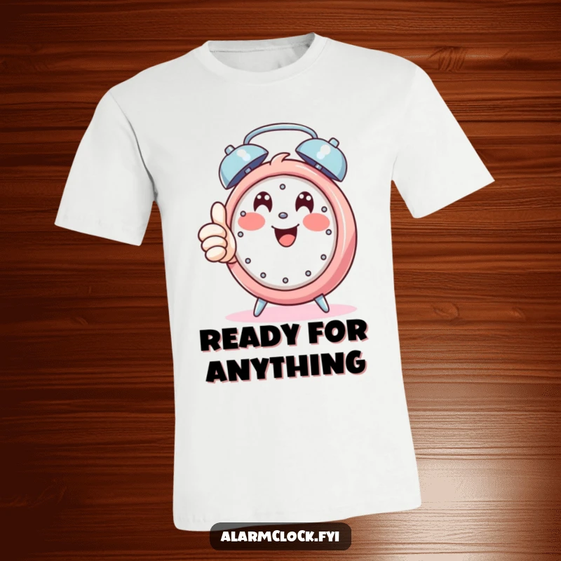 Funny t-shirt featuring a happy character giving a positive thumbs up while a blaring alarm rings, embodying cheerful acceptance.