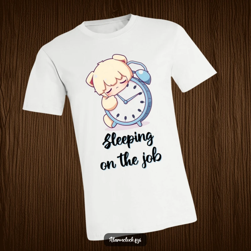 Funny t-shirt depicting a character sleeping peacefully while tightly hugging an alarm clock, perfect for snooze lovers.