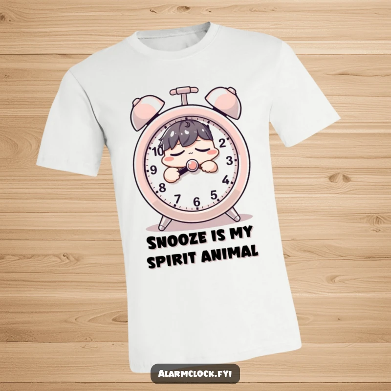Funny t-shirt showing a sleepy character groggily pressing the snooze button on a huge alarm clock, perfect for morning refusers.
