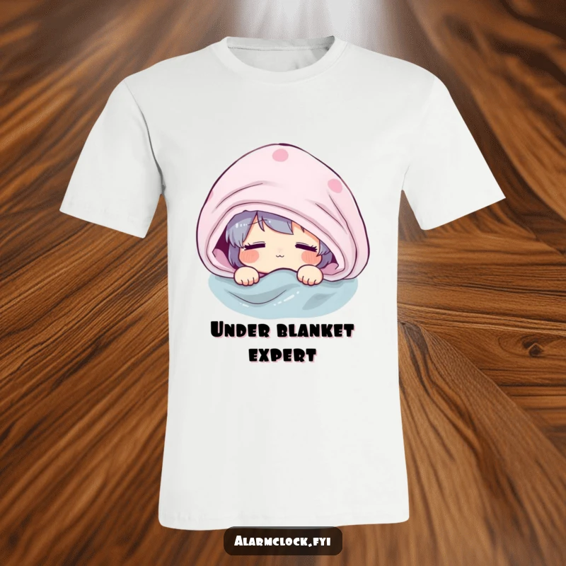 Funny T-shirt with a character groggily peeking from under a blanket, representing the universal feeling of wanting more sleep.