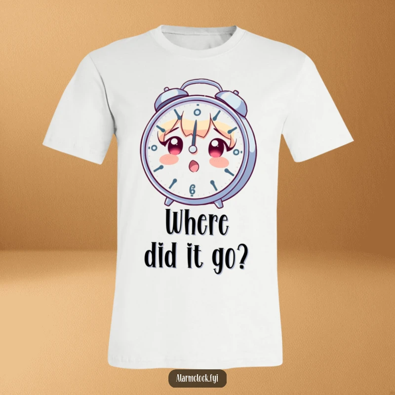 Funny t-shirt depicting a character with a shocked expression, fixated on a wildly spinning clock, capturing the feeling of time running out.