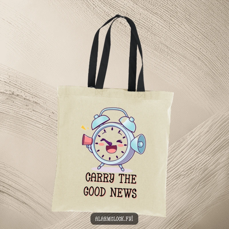 Funny Tote Bag: A determined alarm clock shouting greetings via megaphone, ready to spread happiness.