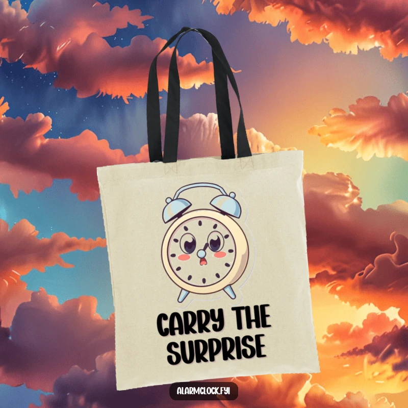 Funny tote bag with a surprised alarm clock character with wide eyes, startled by its own ring, a humorous daily accessory.