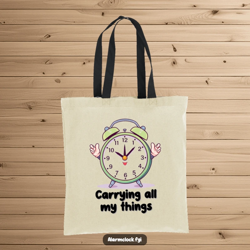 Funny tote bag showing a round alarm clock attempting to juggle its hands, perfect for carrying items with a humorous, busy theme.