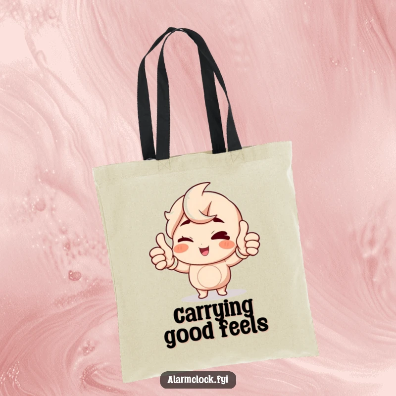 Funny Winking Character Tote Bag showcasing a cheerful character giving a double thumbs up to the morning, a humorous and practical gift.