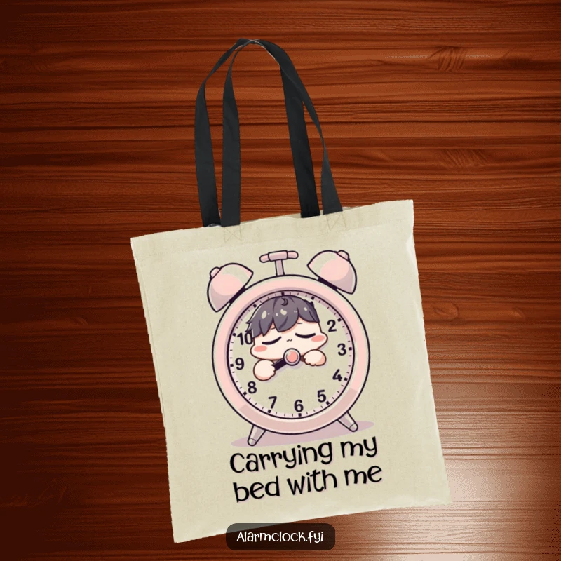 Funny tote bag featuring a sleepy character groggily hitting a giant alarm clock's snooze button, a humorous accessory.