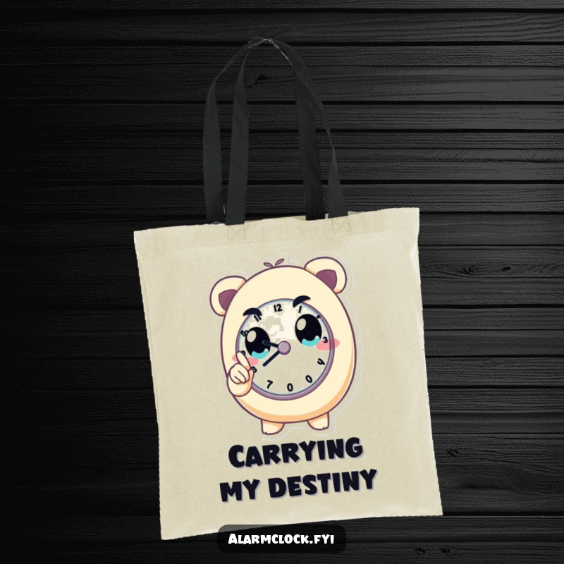 Funny tote bag with a determined character pointing at a clock, promoting punctuality and organization. Ideal funny gift.