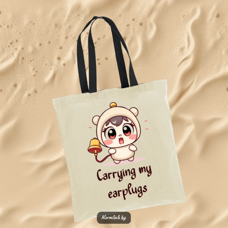 Funny tote bag showcasing a cute character with exaggeratedly large eyes reacting with shock to a loud bell, a humorous everyday accessory.