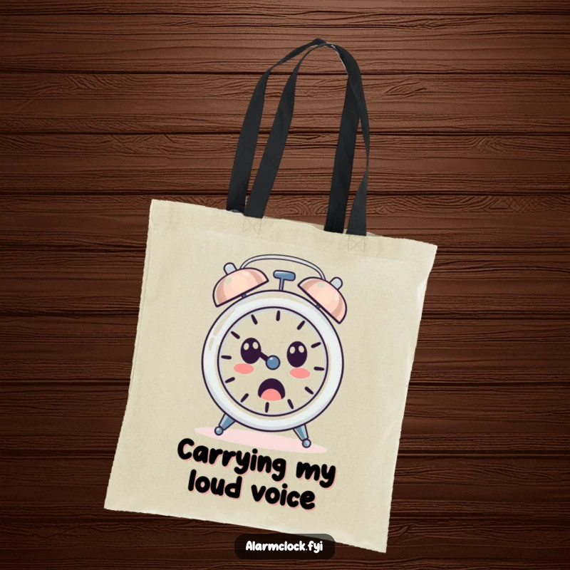 Funny tote bag with a loudly ringing alarm clock character and a surprised face, perfect for carrying essentials with humor.