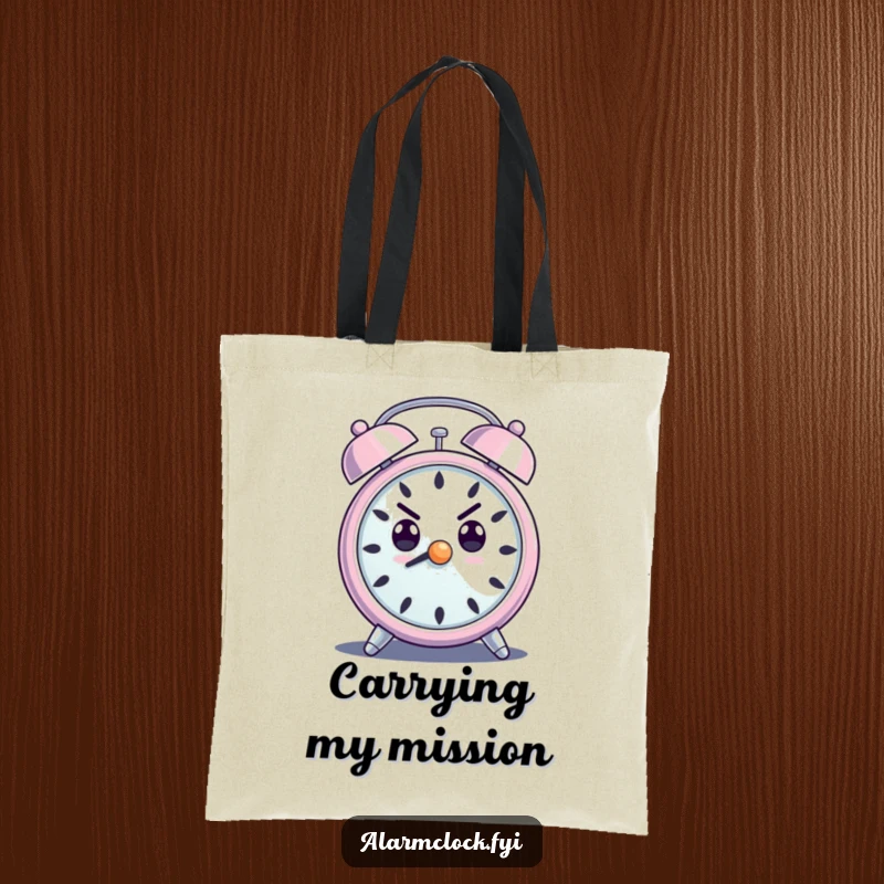 Funny tote bag with a determined alarm clock character and a loud ring, representing drive and productivity.