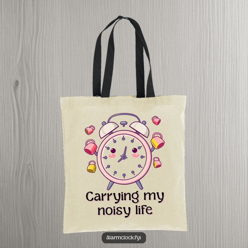 Funny Tote Bag: A whimsical alarm clock juggling colorful alarm bells, ready for daily adventures with a smile.