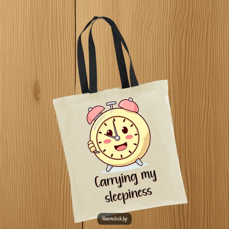 Funny tote bag with a determined alarm clock character relentlessly pushing the snooze button, showcasing a love for extra sleep.