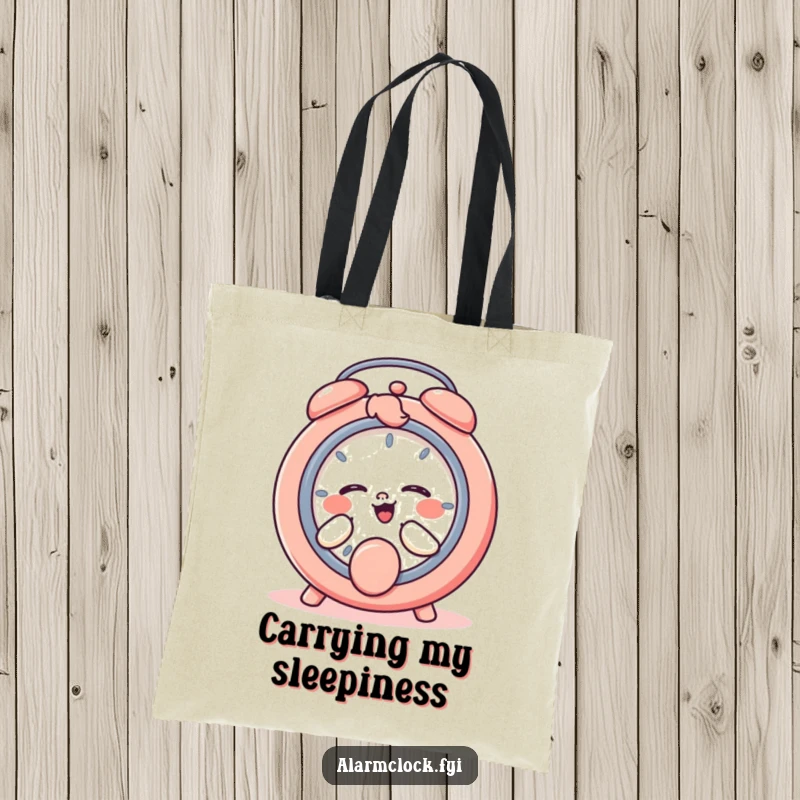 Funny tote bag illustrating a giggling character joyfully pressing a snooze button, ideal for humorous, sleepy errands.