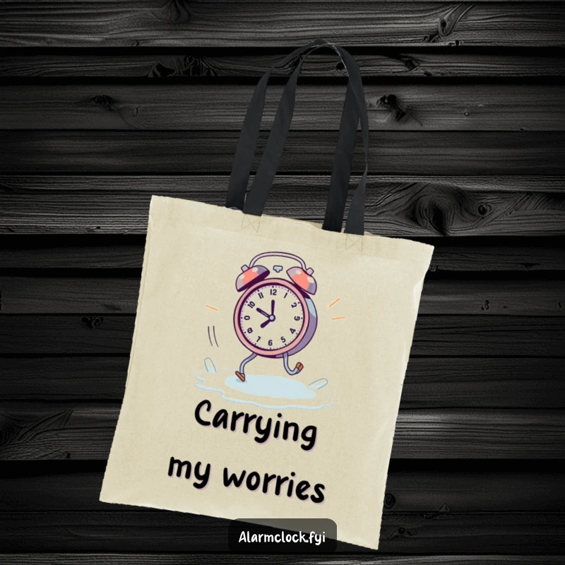 Funny melting alarm clock tote bag, with tiny legs, running away from a rapidly melting ice cube.