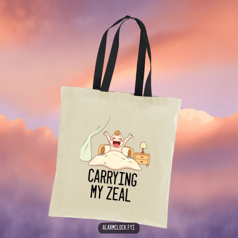 Funny tote bag illustrating an excited character energetically jumping out of bed, ideal for humorous, active commutes.