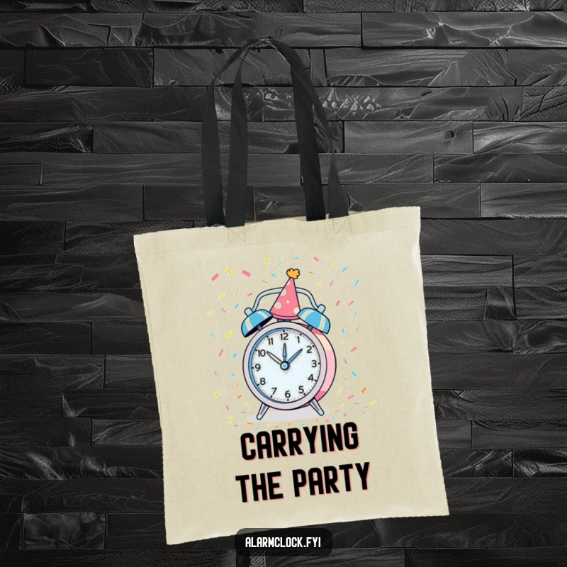 Funny tote bag featuring a party alarm clock spinning with confetti, great for carrying party essentials.