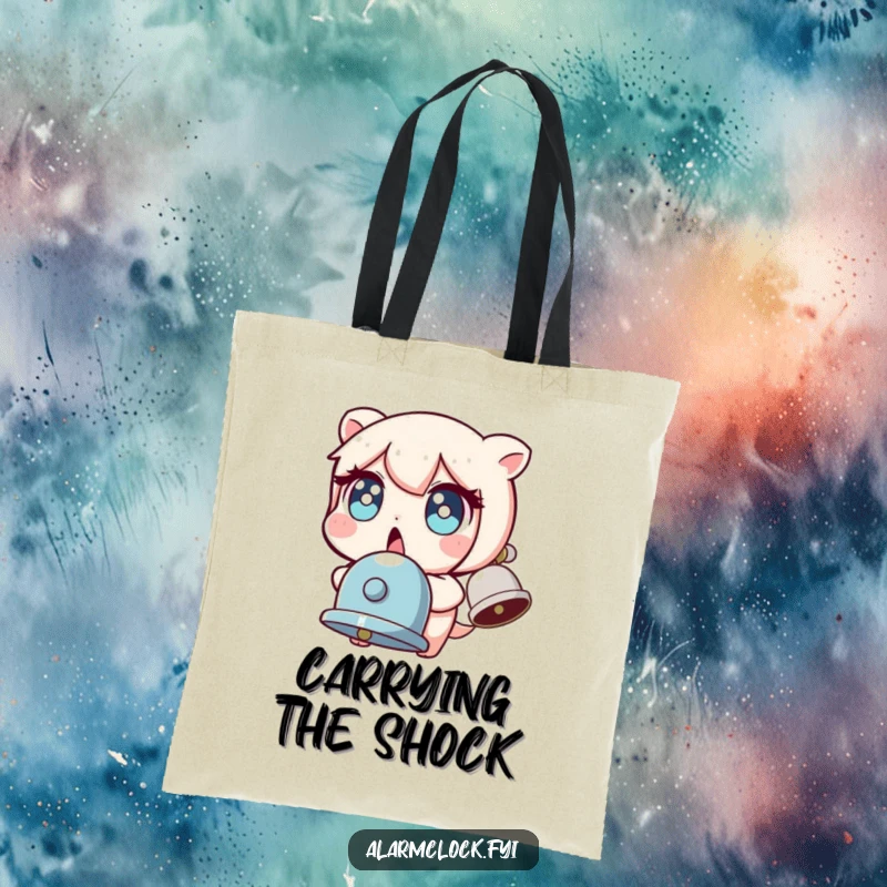 Funny tote bag showcasing a character with comically wide eyes, reacting to a sudden bell, perfect for humorous shopping.