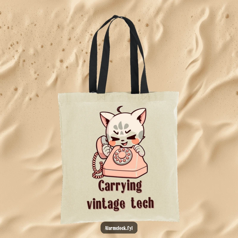 Funny tote bag with a mischievous character playfully dialing a small, retro telephone, a humorous and practical accessory.