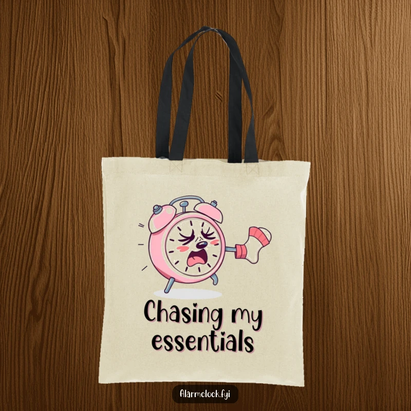 Funny tote bag illustrating a sweating alarm clock escaping a rogue sock, perfect for carrying groceries with a humorous twist.
