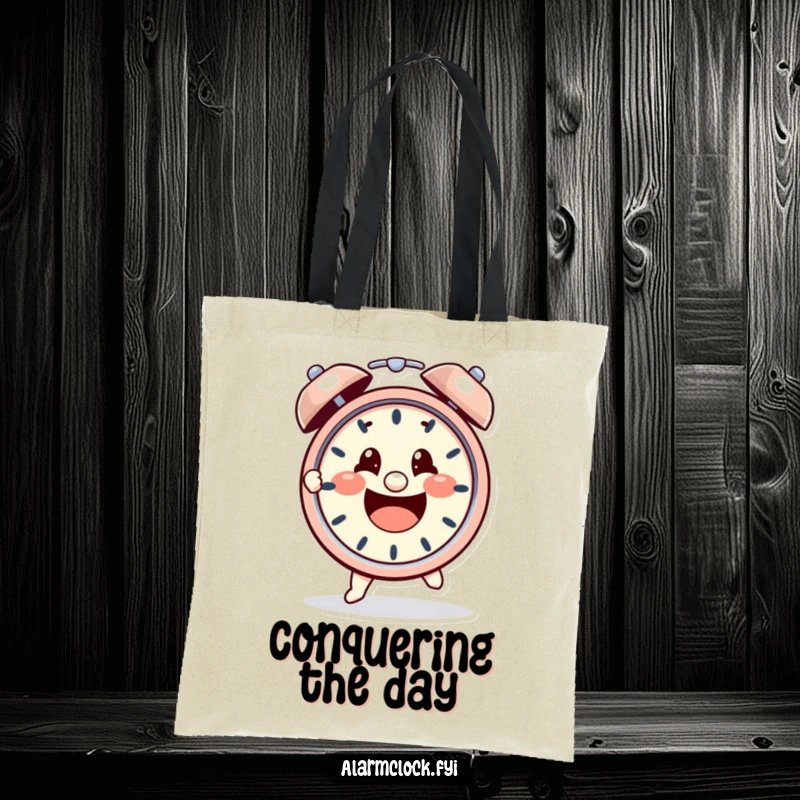 Funny tote bag with a cheerful character heroically grabbing a ringing alarm clock with a strong, determined grip, symbolizing morning victory.