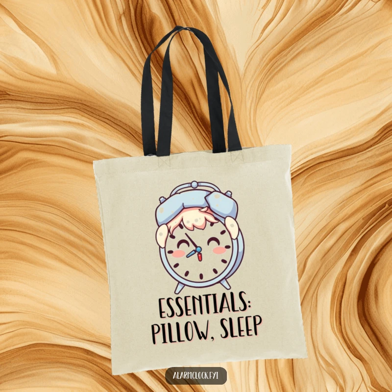 Funny tote bag showing a surprised character holding a pillow over their head as an alarm clock chimes.