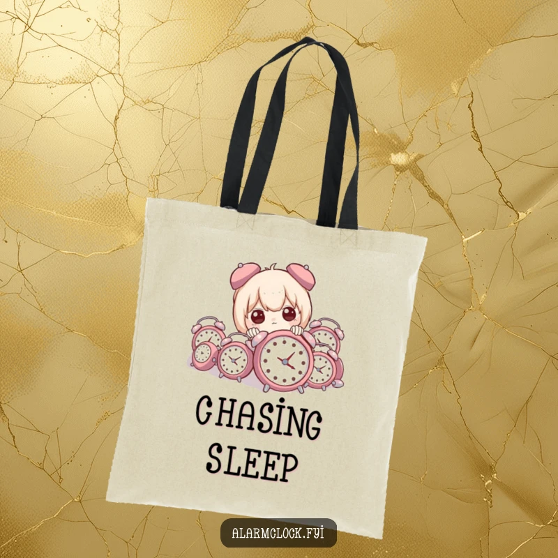 Funny tote bag featuring a character peeking playfully from behind a large pile of miniature alarm clocks, conveying a sense of playful urgency.