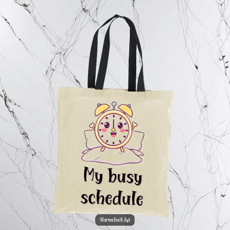 Funny alarm clock tote bag with a cheerful character jumping out of bed, ready for daily tasks.