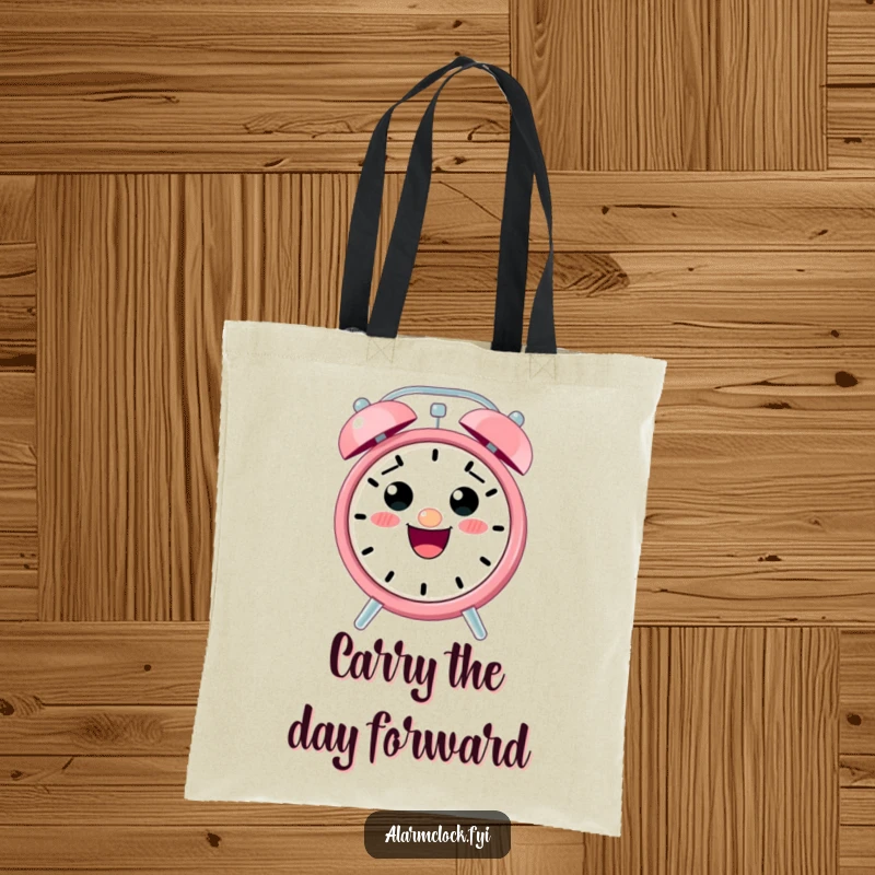 Funny tote bag depicting a cute, smiling alarm clock character ringing enthusiastically, perfect for daily use.
