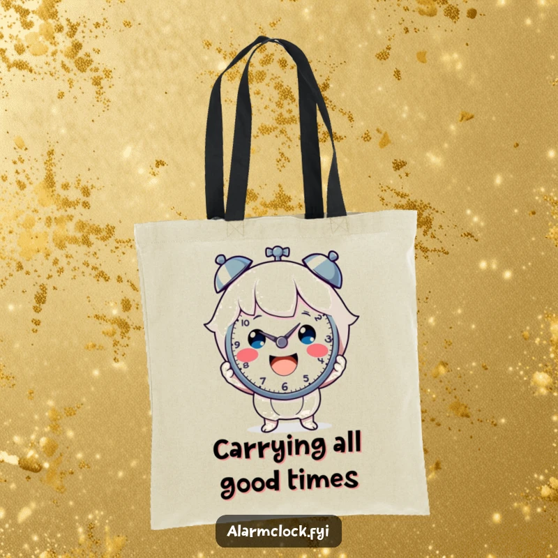 Funny tote bag with a cheerful character holding a clock face, emphasizing happiness and time management. Ideal funny gift.