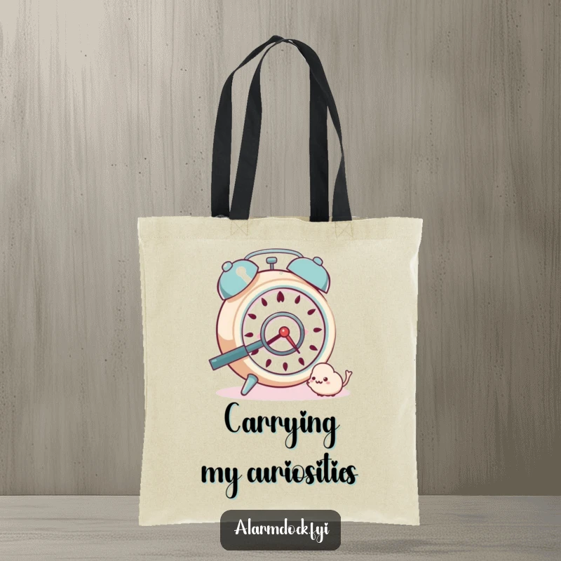 Funny Tote Bag: A curious alarm clock with a magnifying glass investigating a dust bunny, ready for adventures.