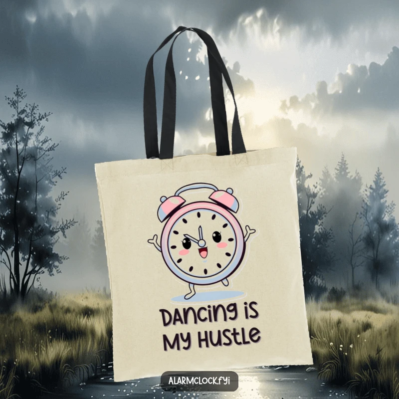 Funny tote bag featuring a cheerful alarm clock character with tiny legs happily dancing, perfect for carrying daily essentials with joy.