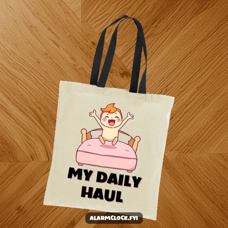 Funny tote bag showing a character energetically jumping from a bed, symbolizing a vibrant and motivated start to the day.