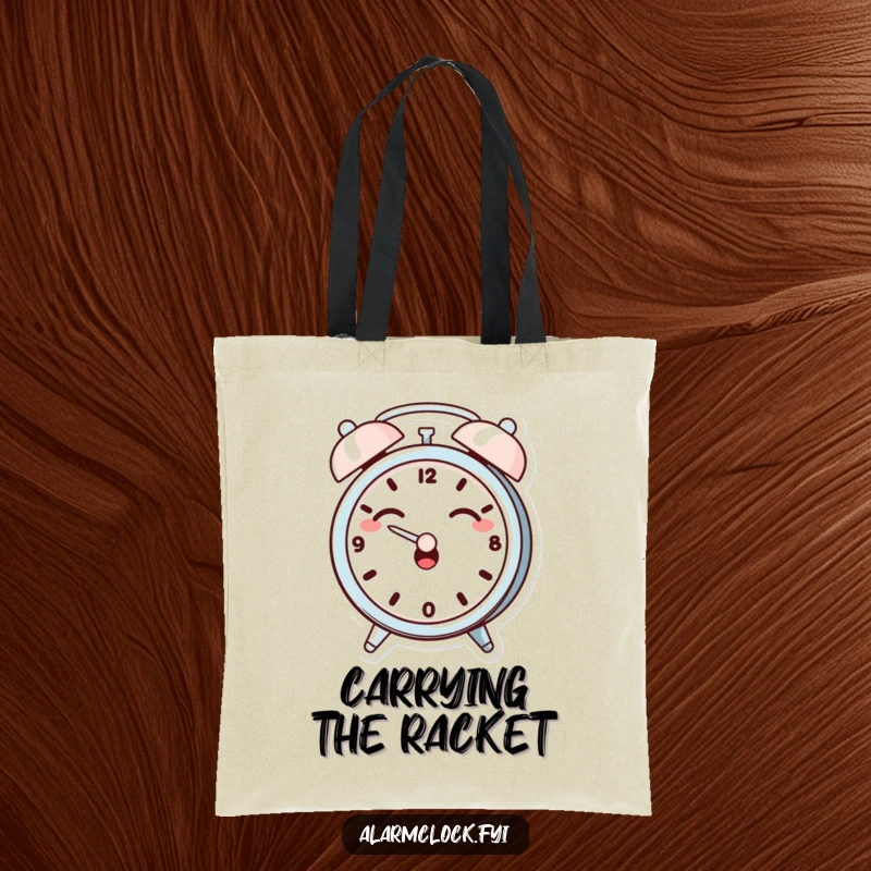 Funny tote bag with a giggling alarm clock character dramatically covering its ears, showcasing humorous reactions to everyday noise.