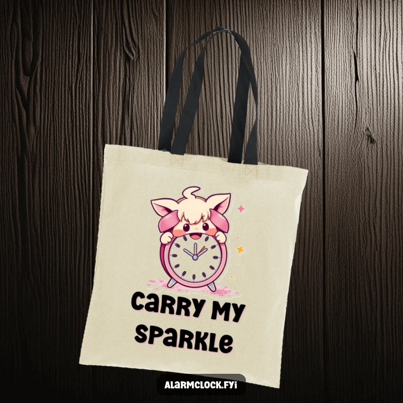Funny tote bag with a mischievous character showering an alarm clock with glitter, symbolizing playful disruption and a love for sparkle.