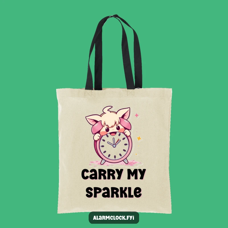 Funny Glitter Tote Bag: Mischievous Character's Alarm Clock Sabotage, Ideal for Fun Shopping