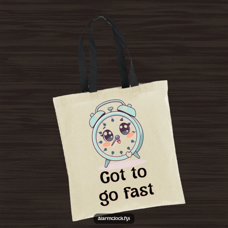 Funny tote bag showing a character with wide eyes, comically jumping away from a ringing alarm clock.
