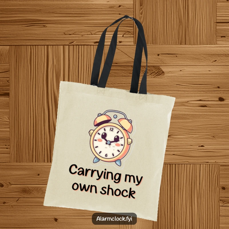 Funny tote bag showcasing a cute alarm clock character leaping out of a bell, looking surprised, embodying a humorous daily carry.