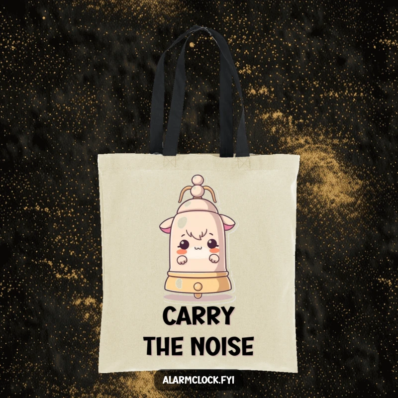 Funny tote bag with a curious character peeking from behind a large ringing bell, a humorous accessory for inquisitive minds.