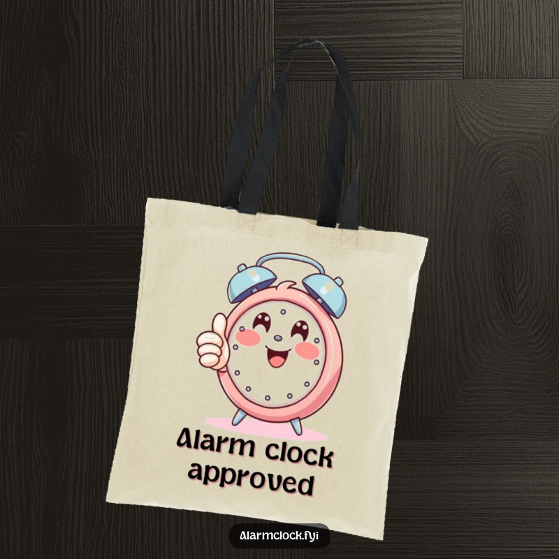 Funny tote bag with a happy character giving a thumbs up while an alarm rings, symbolizing a positive and cheerful start.