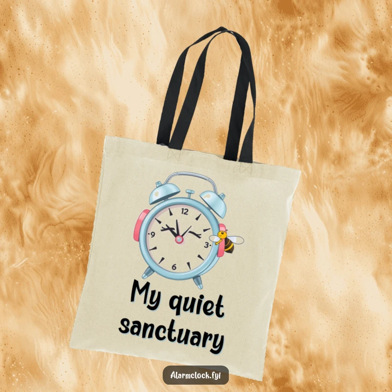 Funny tote bag showing a sleepy alarm clock wearing earmuffs, trying to ignore a buzzing bee, perfect for humorous errands.