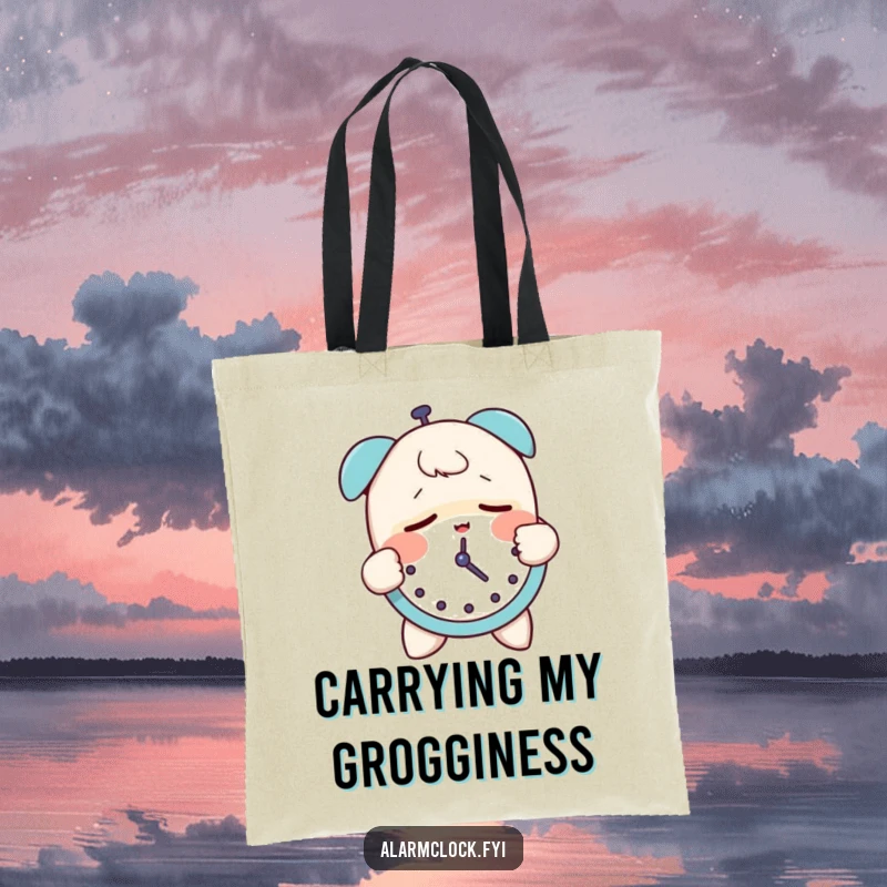 Funny tote bag with a sleepy character groggily slapping an alarm clock, illustrating the universal challenge of waking up.